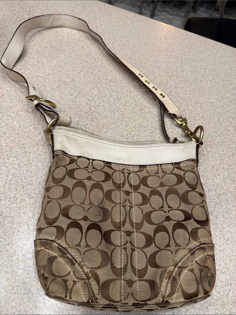 Coach Brown and White Signature Canvas Shoulder Bag